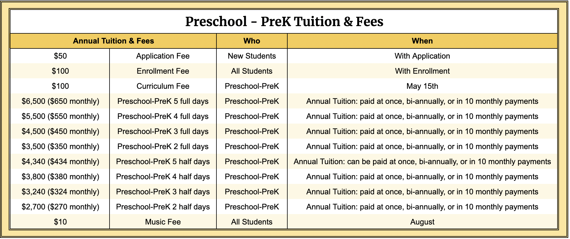 Preschool Tuition Rates